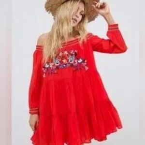 Free People Sunbeams Embroidered Boho Off Shoulder Mini Dress Red Large